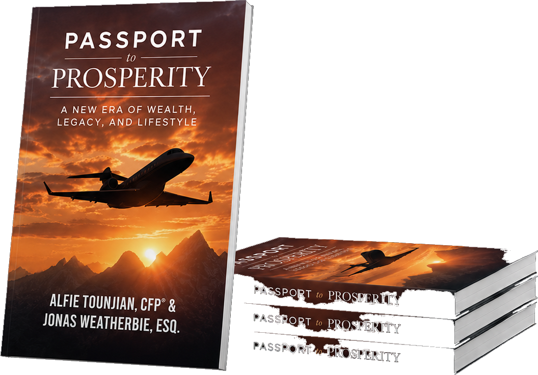 Passport to Prosperity: A New Era of Wealth, Legacy, and Lifestyle. A stack of copies beside the standing book, a jet crossing a sunset on the jacket.